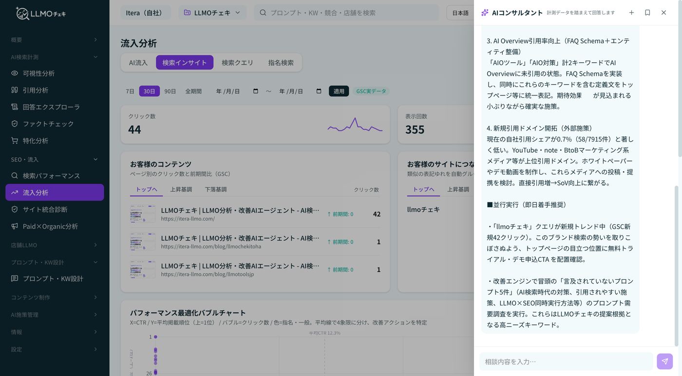 LLMOチェキのAIコンサルタント画面。流入分析の上にチャットパネルが開き、計測データを根拠にした施策案と優先順位を提示